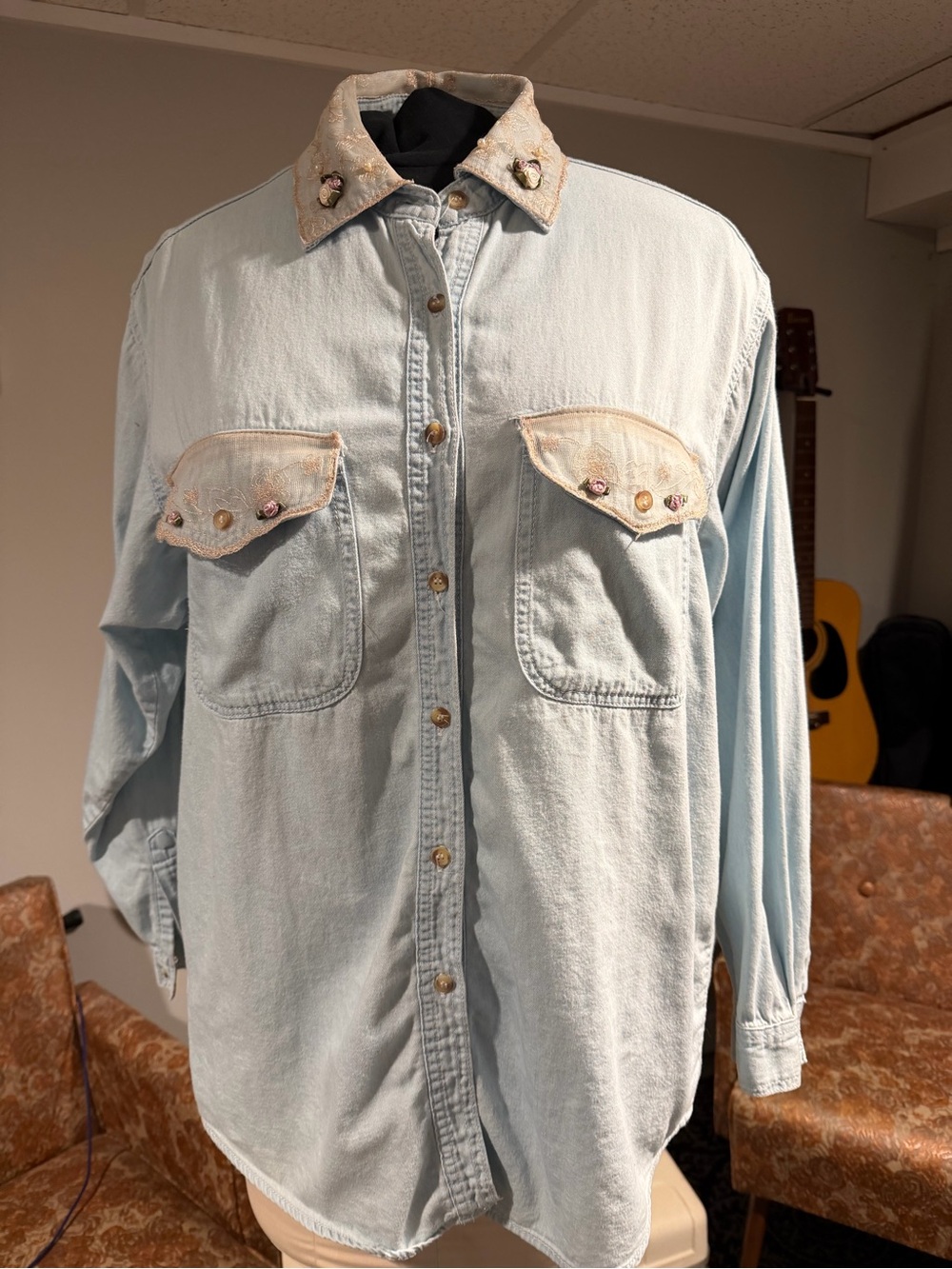 Women’s Light Blue Embroidered Collar Denim Shirt